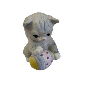 Vintage Collectible Rare Grey Kitten Playing Easter Egg Figurine Cat Ceramic